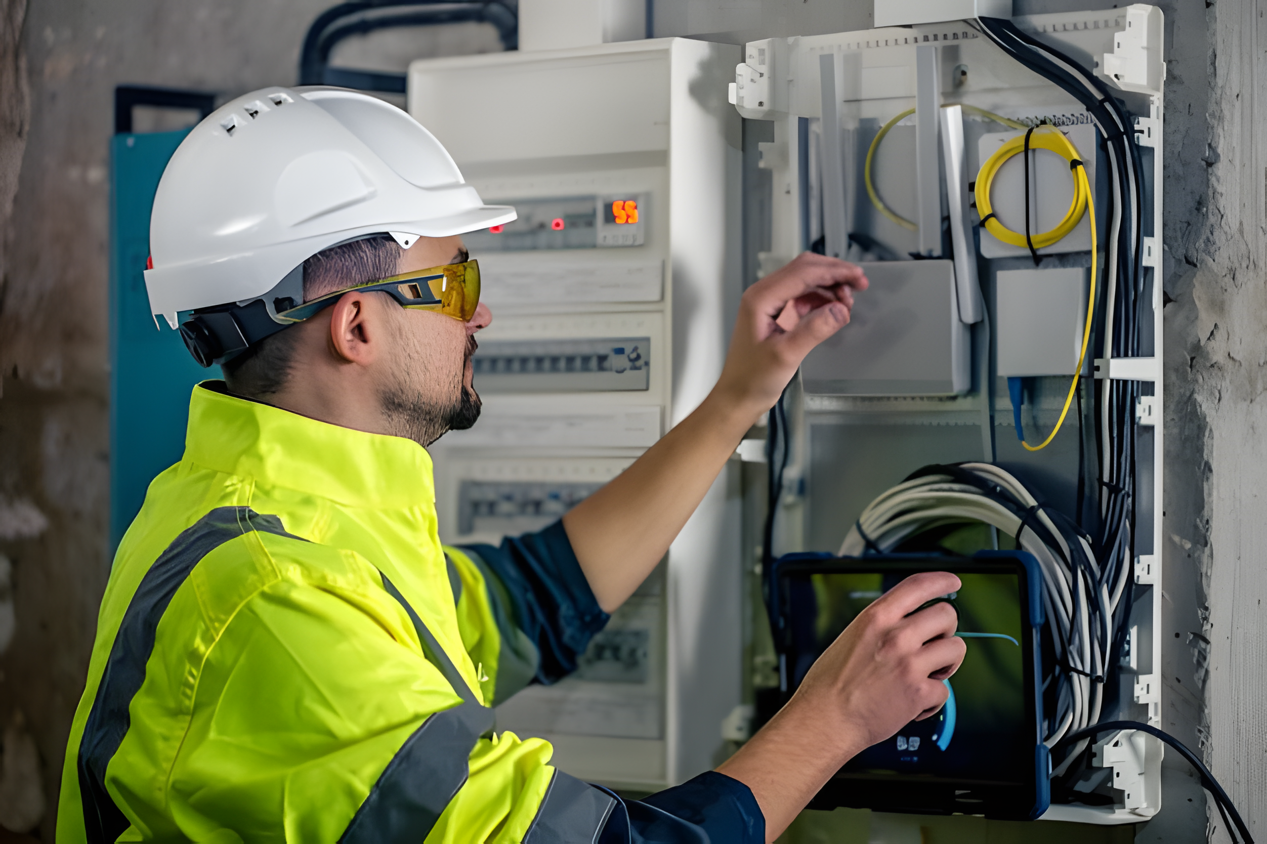 Electrician cu echipament de protecție lucrând la un tablou electric